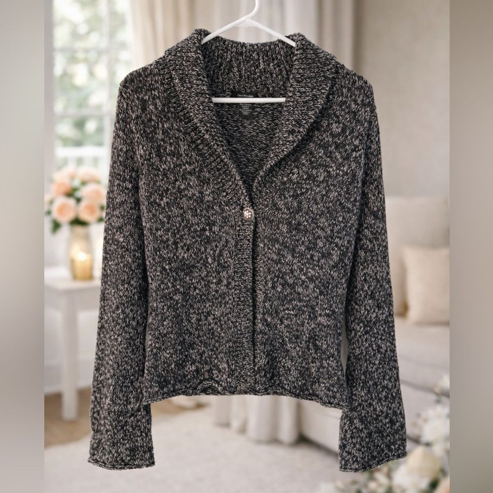 Marled Knit Cardigan Neutral Cozy Button Front Petite Minimalist Sweater - Picture 2 of 7